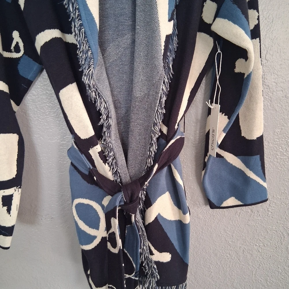Chico's NWT Modern Impress Fringe Cardigan Classic Navy Abstract 3/XL